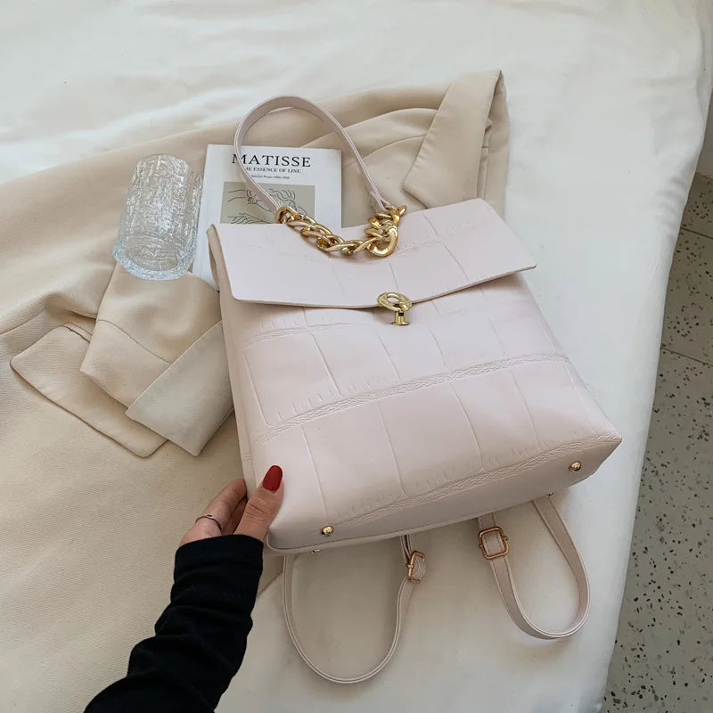 Women Backpack PU Leather Handbag Female Shopper Purse Casual Thick Chain