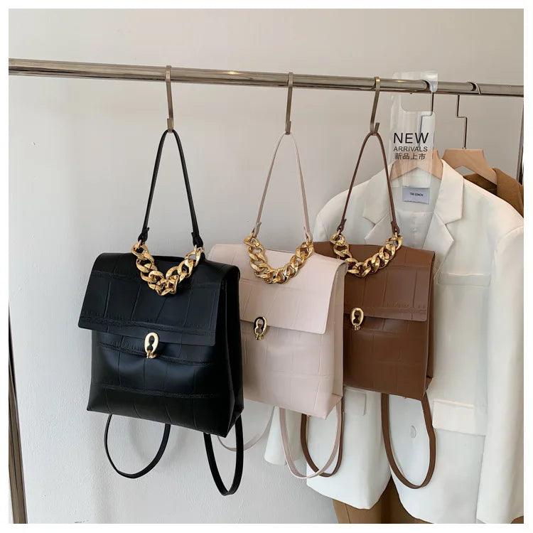 Women Backpack PU Leather Handbag Female Shopper Purse Casual Thick Chain