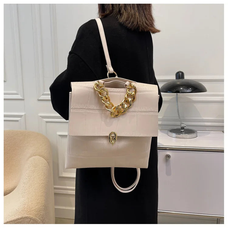 Women Backpack PU Leather Handbag Female Shopper Purse Casual Thick Chain