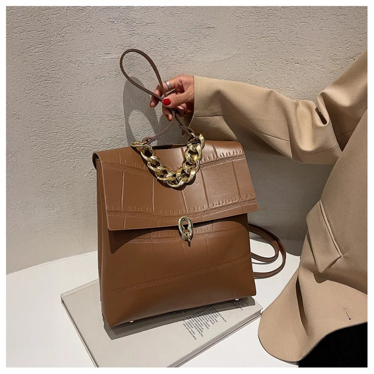 Women Backpack PU Leather Handbag Female Shopper Purse Casual Thick Chain