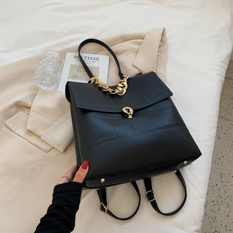 Women Backpack PU Leather Handbag Female Shopper Purse Casual Thick Chain
