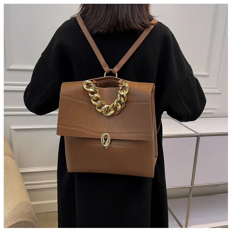 Women Backpack PU Leather Handbag Female Shopper Purse Casual Thick Chain
