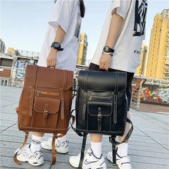Vintage PU Leather Women Backpack Men Rucksack Large Capacity School Bag