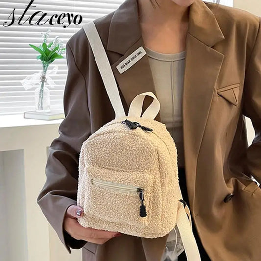 Women Flowers Printing Plush Backpack Preppy Style Small Knapsack