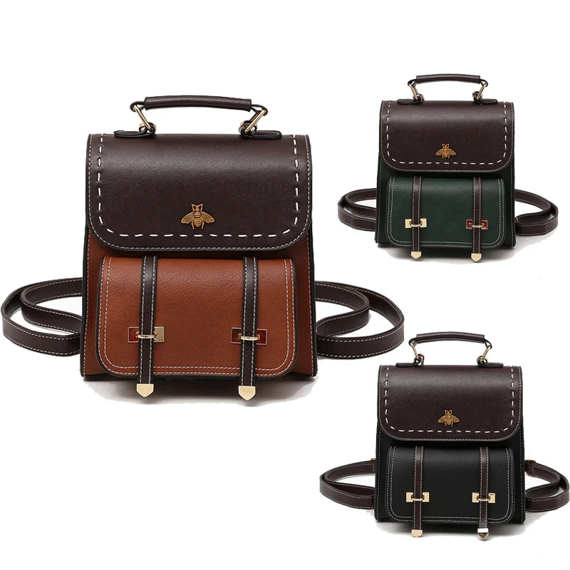 Vintage Leather Preppy Female Backpack College Travel Bag Mochila