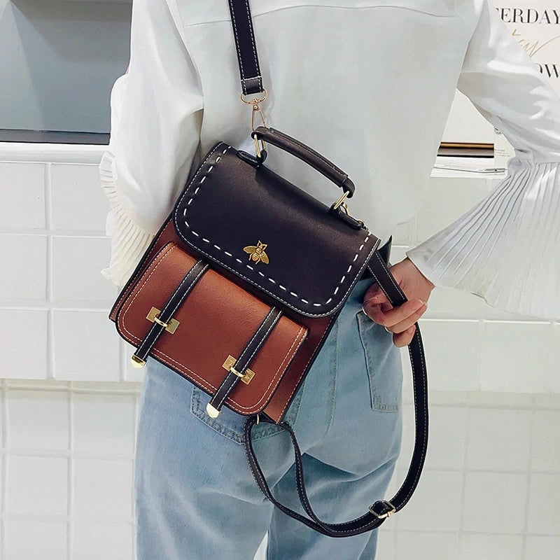 Vintage Leather Preppy Female Backpack College Travel Bag Mochila