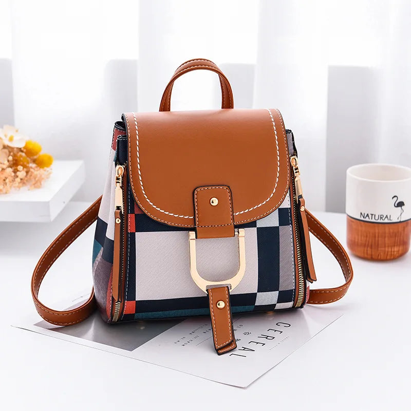 Grid Backpack with Gift Women School Bag Travel Purse