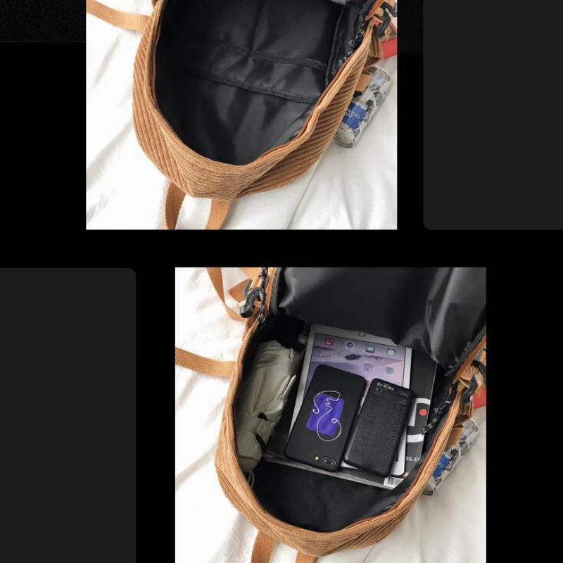 Corduroy Women Backpack Large School Bag for Girls Teens