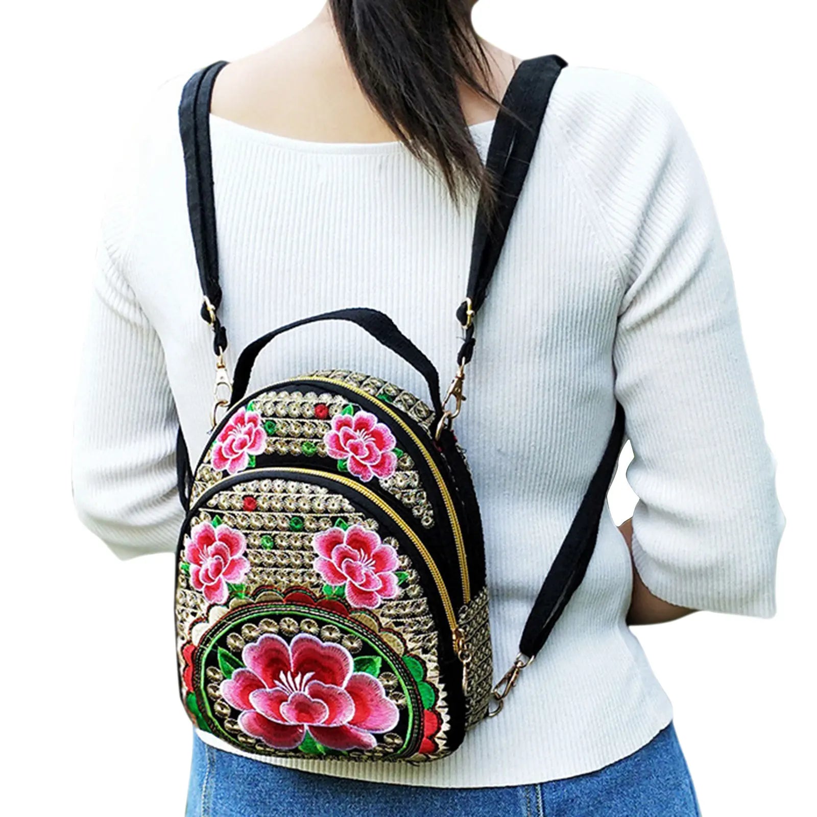 Embroidered Mini Backpack Vintage Flower Travel Shoulder Bag