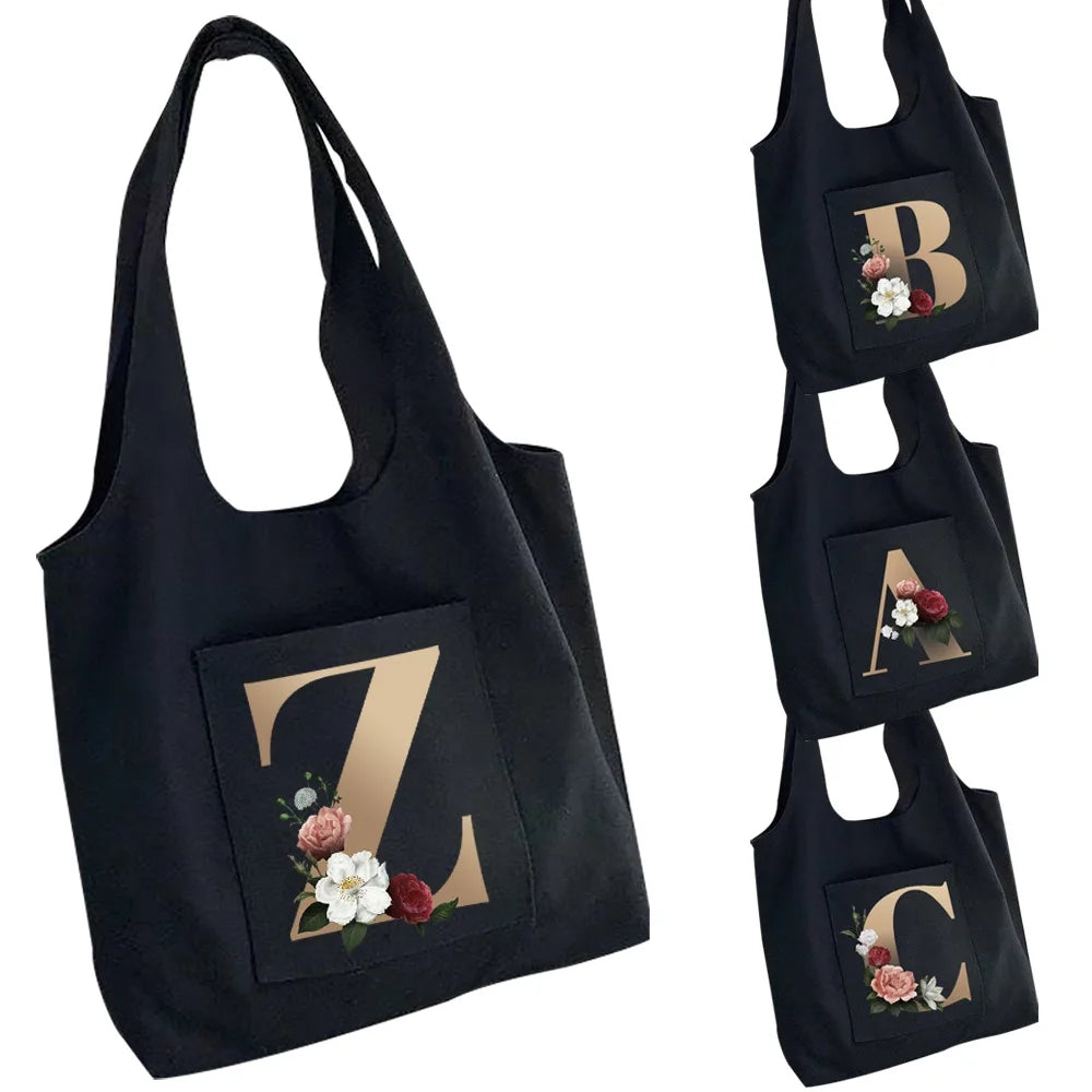 Canvas Flower Tote Bag with 26 Letters Print, Large Capacity Travel Shopping Bag