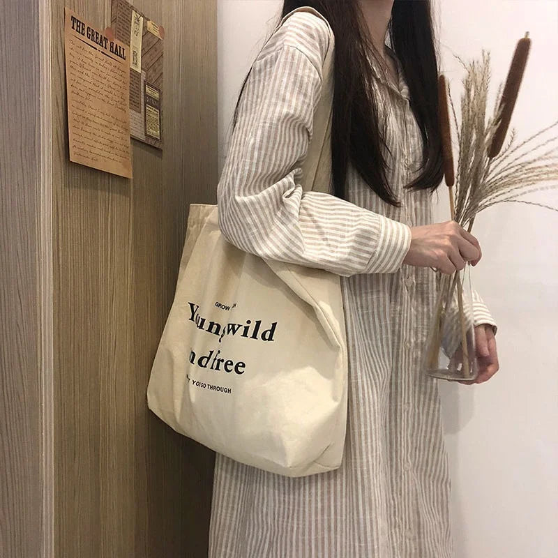 Casual Large Capacity Shoulder Bag Canvas Harajuku Zipper Print Handbag