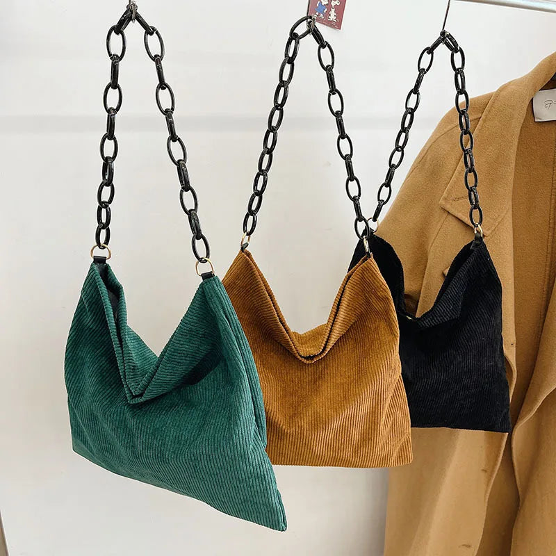 Corduroy Cloth Shoulder Bag Chain Tote Handbag Purses School Bag