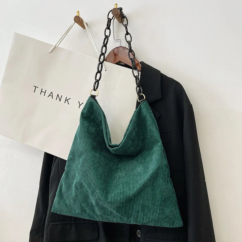 Corduroy Cloth Shoulder Bag Chain Tote Handbag Purses School Bag