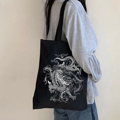 Dragon Print Canvas Shopper Bag Harajuku Punk Gothic Handbag