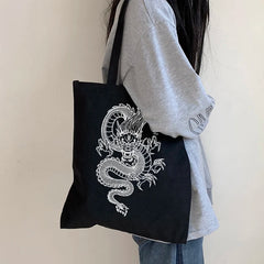 Dragon Print Canvas Shopper Bag Harajuku Punk Gothic Handbag