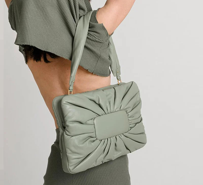 Women Bag PU Square Euro-America Style Ruched Solid Zipper Shoulder Bag