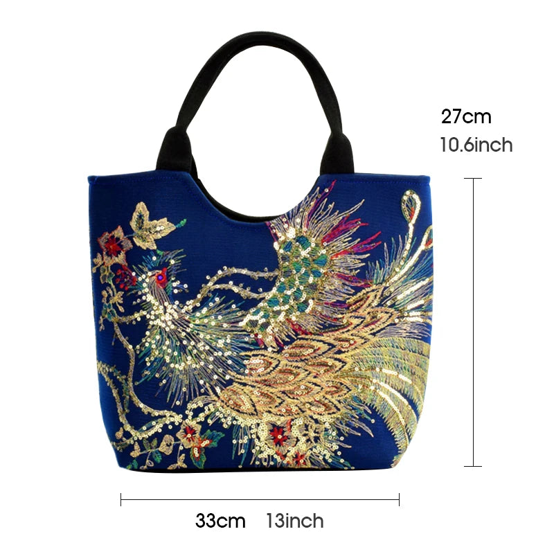 Women Bag Hand Embroidery Sequins Peacock Tote Bags Large Capacity