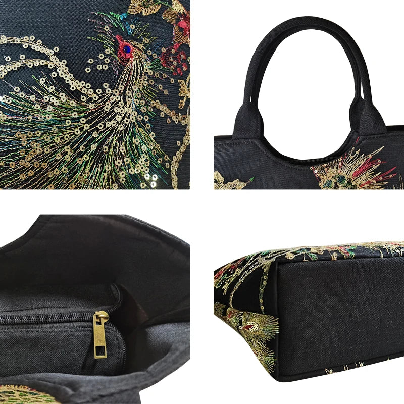 Women Bag Hand Embroidery Sequins Peacock Tote Bags Large Capacity