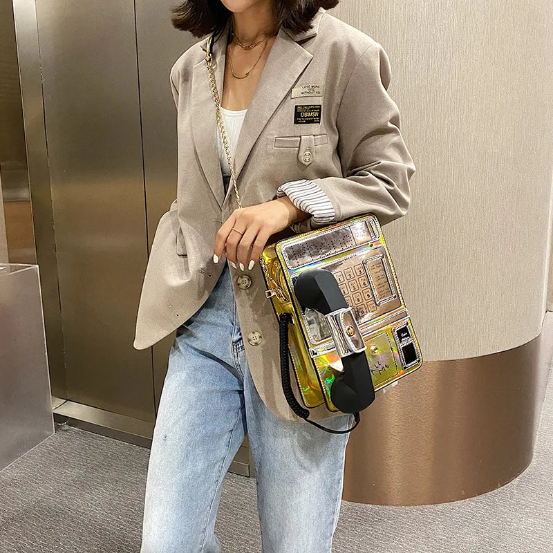 Women Laser Simulation Public Telephone Shoulder Bag