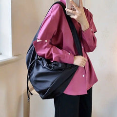 Nylon Bucket Bag Soft Shoulder Tote Solid Zipper Purses Handbags