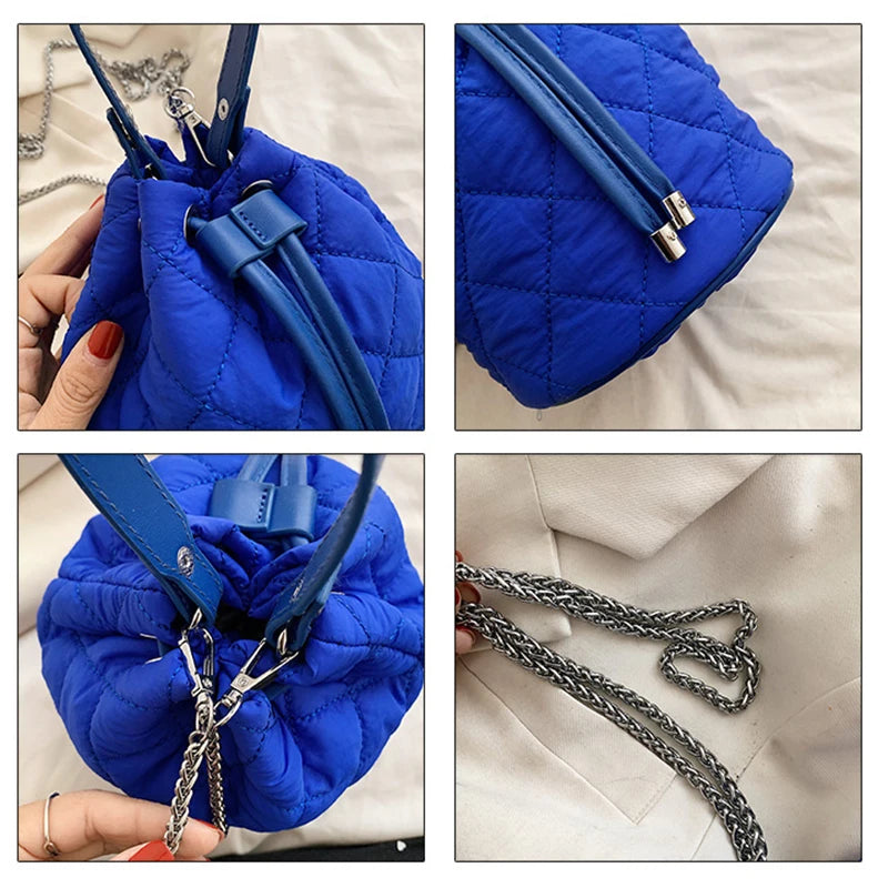 Quilted Drawstring Shoulder Bag Lattice Tote Bag