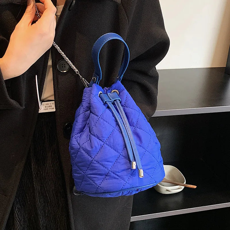 Quilted Drawstring Shoulder Bag Lattice Tote Bag