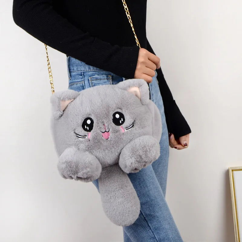Plush Animal Cat Shoulder Bag Girls Fur Purse