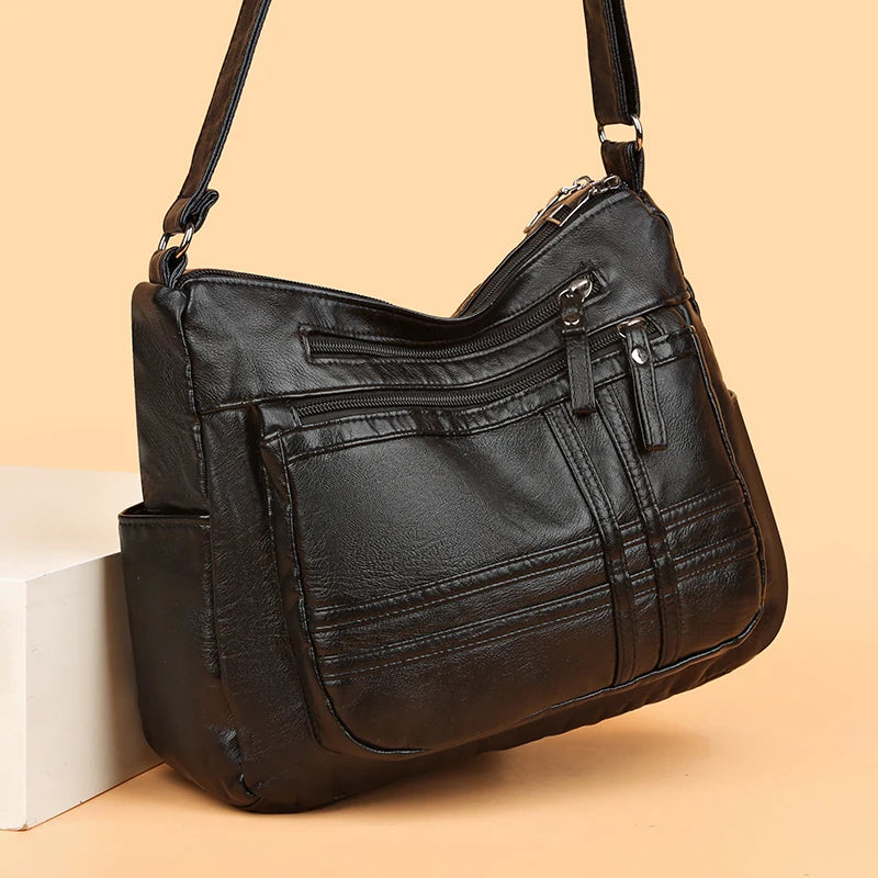 Retro Middle-aged Lady Shoulder Bag Soft PU Leather Messenger Crossbody Handbag