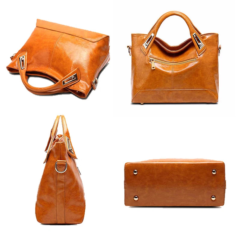 Women Bag Oil Wax Leather Handbags High Shoulder Bags Retro Ladies Handbags