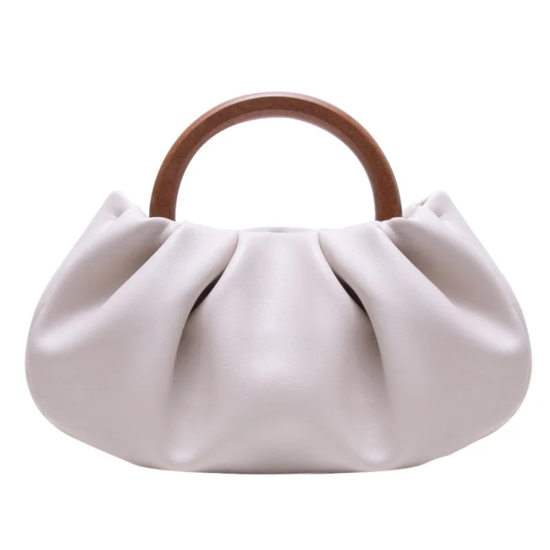 Women Bag PU Bucket Wood Handle Chains Solid Hasp Shoulder Bags Handbags Purse