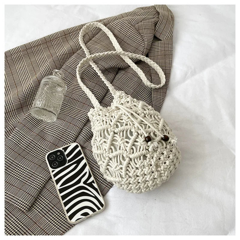 Women Woven Bucket Bag Cotton Linen Crossbody Backpack