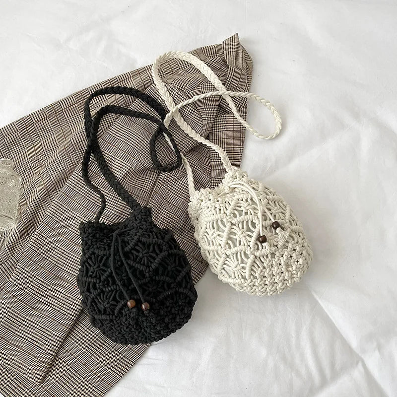 Women Woven Bucket Bag Cotton Linen Crossbody Backpack