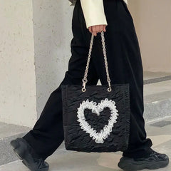 Square Lace Love Heart Lady Shoulder Bag High-Capacity Sweet Girls Handbag