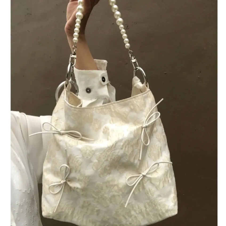 Canvas Bucket Shoulder Bags Beading Hasp High-Capacity Girls Bag