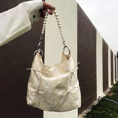 Canvas Bucket Shoulder Bags Beading Hasp High-Capacity Girls Bag