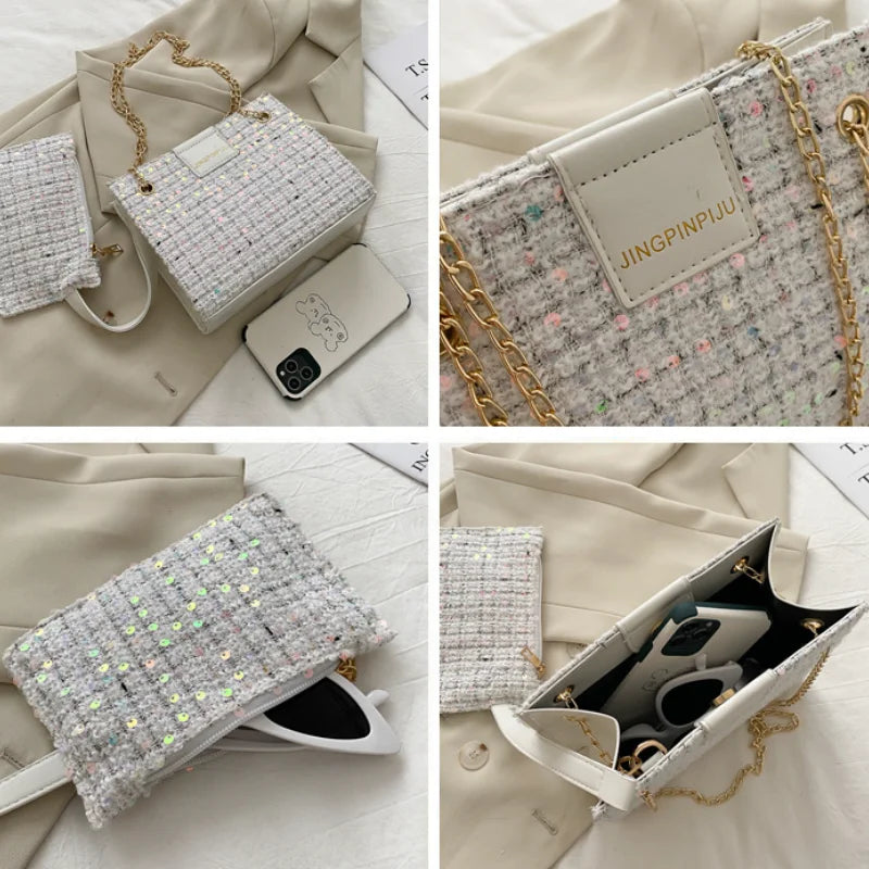 Women Shoulder Bag Chain Woven Messenger Portable Small Square Bag