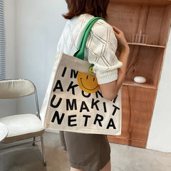 Canvas Smiley Buckle Shoulder Bag Large Capacity Tote
