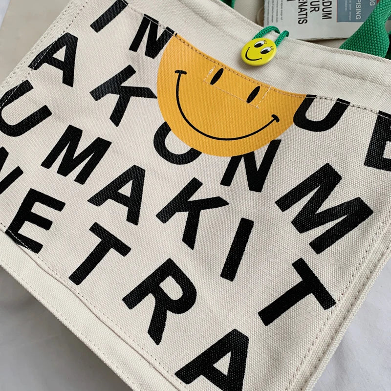 Canvas Smiley Buckle Shoulder Bag Large Capacity Tote