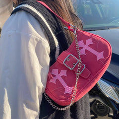 Y2K Metal Chain Rose Red Shoulder Bag