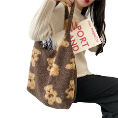 Plush Cartoon Handbag Bear Printed Large Capacity Shoulder Bag