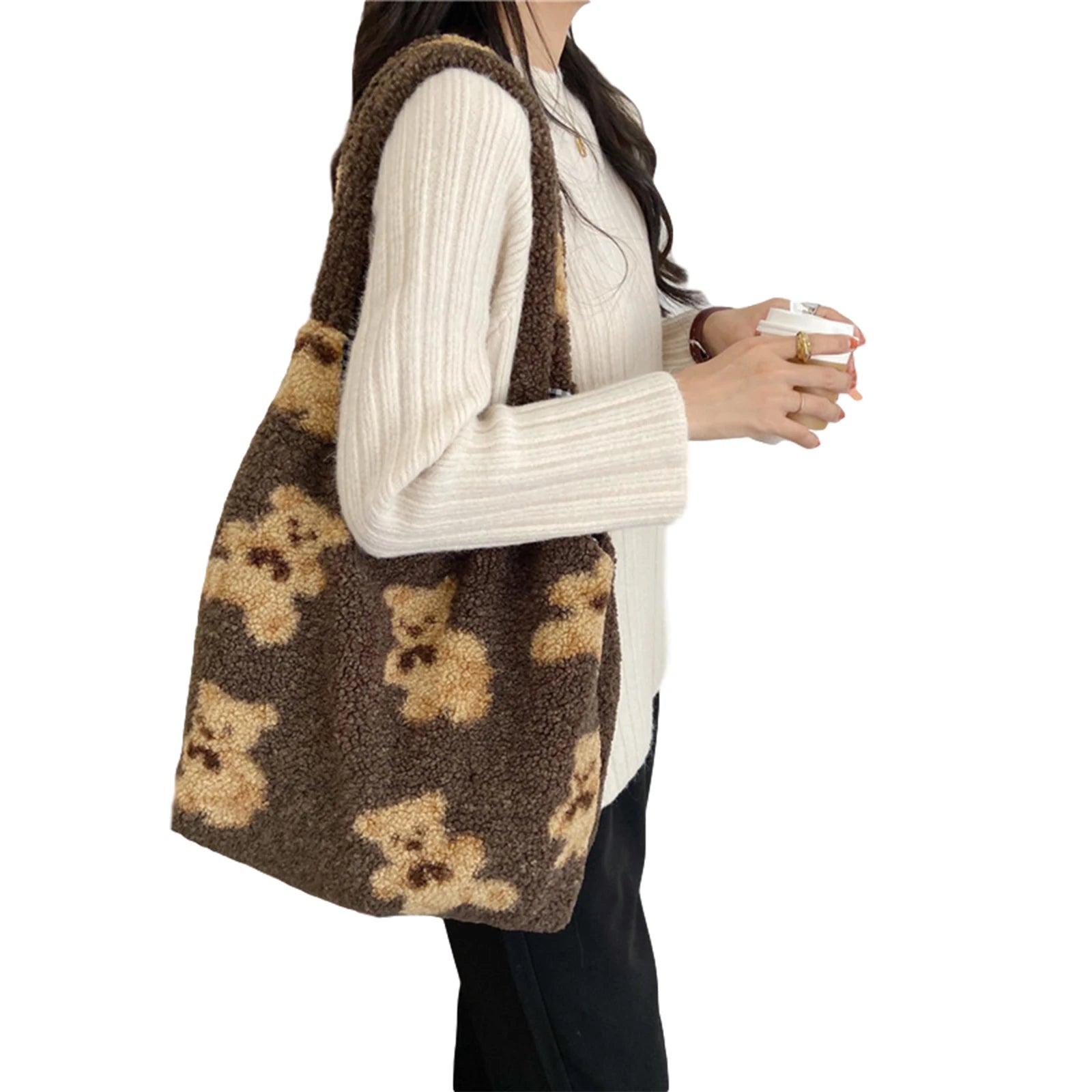 Plush Cartoon Handbag Bear Printed Large Capacity Shoulder Bag