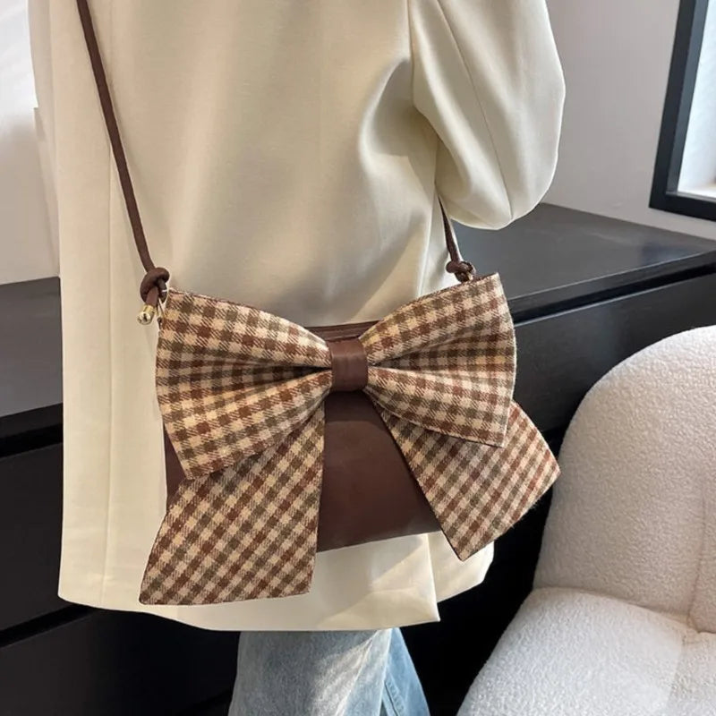 Women Shoulder Crossbody Handbag Bowknot Leather Plaid Zipper