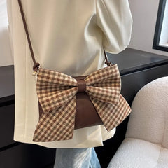 Women Shoulder Crossbody Handbag Bowknot Leather Plaid Zipper