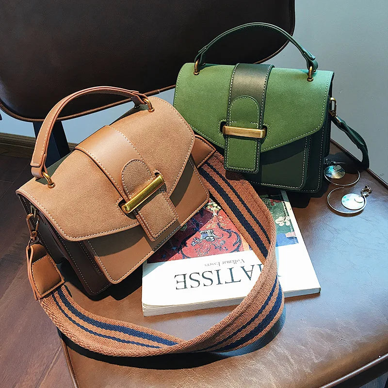 Vintage Coffee Satchel Shoulder Bag Wide Strap Handbag
