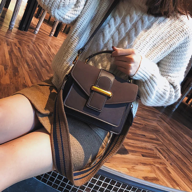 Vintage Coffee Satchel Shoulder Bag Wide Strap Handbag