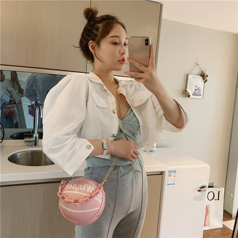 Women Ball Shape PU Leather Handbag Volleyball Crossbody Bag