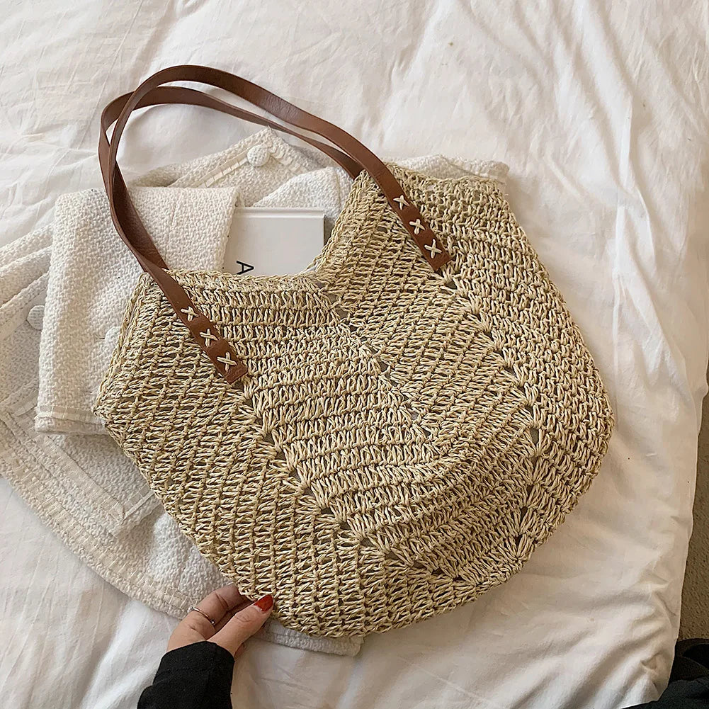 Vintage Woven Rattan Shoulder Bag Beach Travel Vacation Casual Bohemian Bag