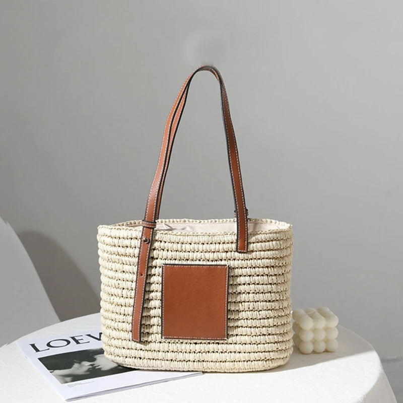 Women Straw Handbag with Adjustable Handle Large Single Shoulder Tote Bag