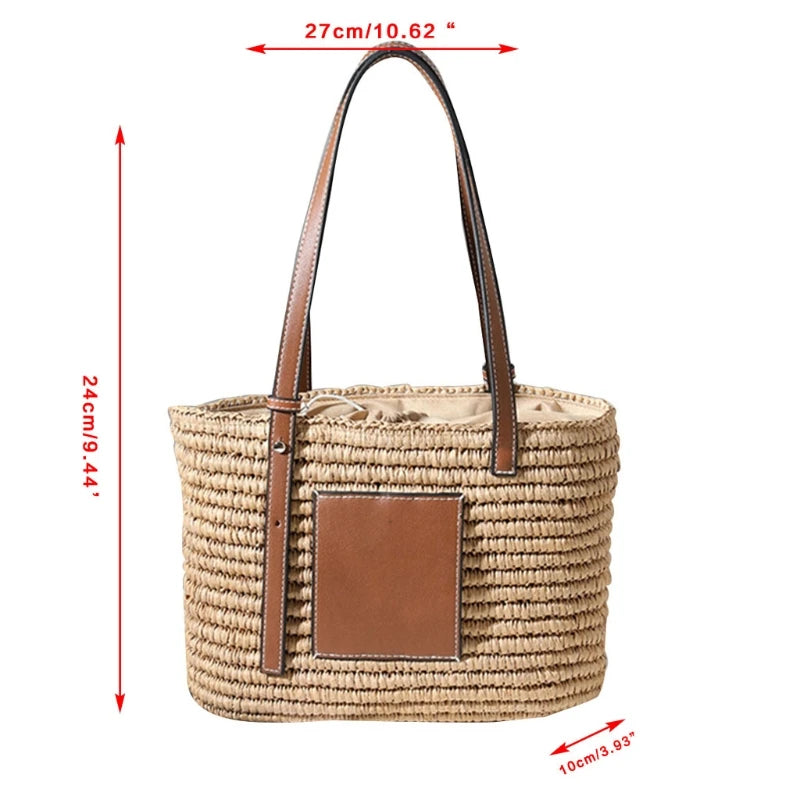 Women Straw Handbag with Adjustable Handle Large Single Shoulder Tote Bag
