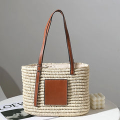 Women Straw Handbag with Adjustable Handle Large Single Shoulder Tote Bag